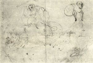 Hieronymous Bosch - Figure in a beehive and a monsterb (A cursory sketch of two women)