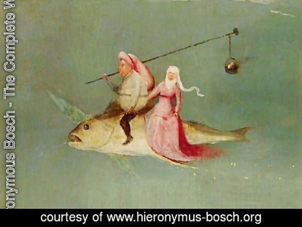 Hieronymous Bosch - The Temptation of St. Anthony, right hand panel (detail of a couple riding a fish)